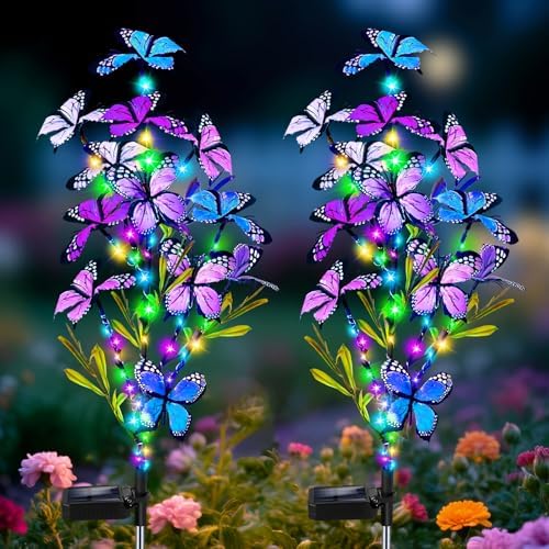 MRHEPHAESTUS Solar Garden Lights Outdoor, Waterproof 2 Pack Solar Butterfly Lights with 60 LED 12 Butterfly Colorful Lighting for Garden Yard Lawn Outdoor Decor, Gift for Mom Women Mother's Day by MRHEPHAESTUS