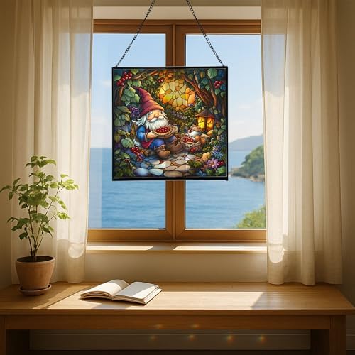 Berry Pie Gnome Picnic Stained Glass Suncatcher – Square Hanging Window Panel for Home or Greenhouse – Whimsical Glass Art Gift for Garden Lovers, Christmas, Halloween, Father Days jRypDB - Image 6