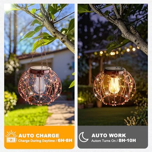 Hanging Solar Lanterns Outdoor Waterproof, Vintage Copper Hanging Lights, Solar Chandelier for Yard Garden Gazebo Pergola Porch Decor, 2 Pack - Image 3