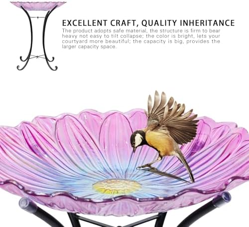 MUMTOP Outdoor Glass Bird Bath with Metal Stand for Yard Garden Decor, Pink - Image 4