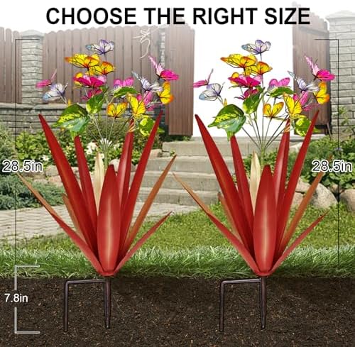 TOMBABY Garden Outdoor Butterfly Enlarge Thickened Wind Resistant Metal Agave Garden Art Metal Plant Country Sculpture Statue Decorations Ornaments Artificial Waterproof Butterflies(red 2pcs) - Image 2