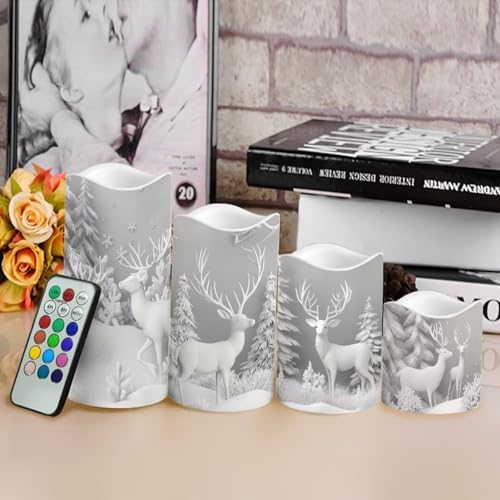 Flameless Pillar Candles with Remote and Color Changing Christmas Decorations for Home Fake Battery Operated Candle Electric LED Lights Candles for Home Kitchen Deer Snow - Image 4