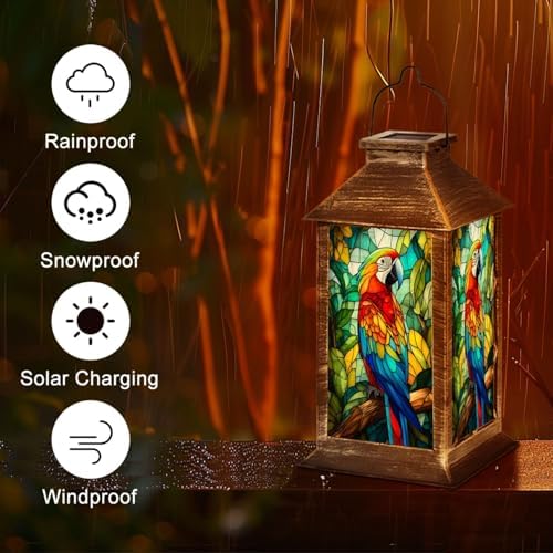 Solar Lantern Colorful Macaw Parrot Stained Glass Style Tropical Leaves Wildlife Art Outdoor Waterproof Hanging Solar Light Outside Lights for Patio Yard House Lawn Decor Birthday Gifts for Women Mom - Image 5