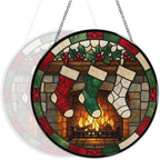 Christmas Fireplace Stockings Stained Glass Suncatcher 9.8" Colorful Window Hanging Ornament, Retro Sun Catcher Decor with Chain for Home Wall Garden Birthday Christmas Mothers Day - Image 5