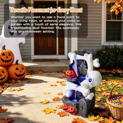 Halloween Water Fountain, 18.3-Inch LED Skull & Pumpkin Head Patio Fountain - Image 2
