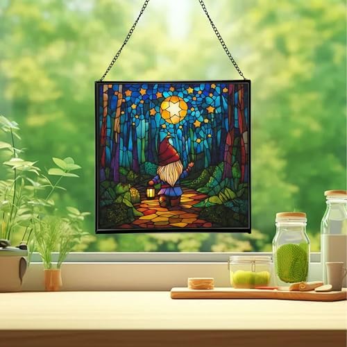 Starglow Gnome Trail Stained Glass Suncatcher – Square Hanging Window Panel for Home or Greenhouse – Whimsical Glass Art Gift for Garden Lovers, Christmas, Halloween, Father Days a6IQYm - Image 2