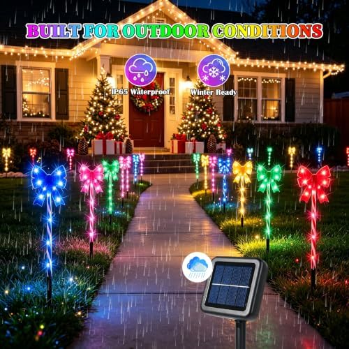 Solar 5PCS Christmas Bow 50LED Outdoor String Lights with Stakes Multicolor - Image 5