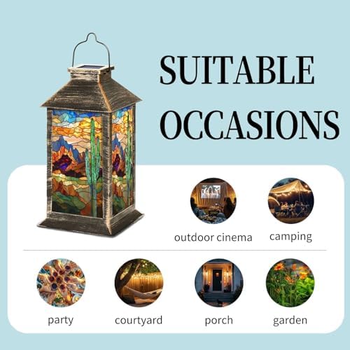 Solar Lantern Stunning Stained Glass Western Landscape Textured Cactus Outdoor Waterproof Garden Hanging Lantern Solar Powered Lighting Outside Table Lamp for Patio Deck Camping 1 Pack - Image 5