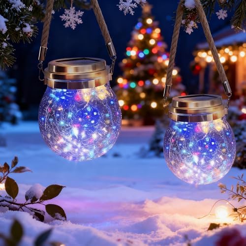 Hang Outdoor Solar Lights Waterproof, 2 Pack 30LED Cracked Glass Ball Decorative Lanterns, Solar Powered Landscape with Handle for Yard Patio Fence House Holiday Decor, Birthday Gift for Women by VGE