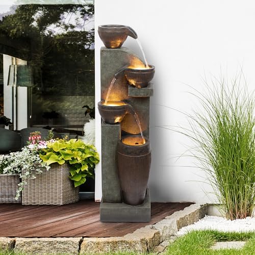 Alpine Corporation 40” Tall Indoor/Outdoor 4-Tier Fountain with LED Lights, Cascading Pot and Bowl Water Feature, Elegant Waterfall for Garden, Patio & Home, Brown - Image 2