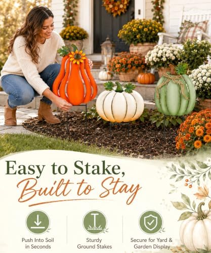 Fall Outdoor Decor Metal Pumpkin Yard Stakes - Large Outdoor Pumpkin Decor with Sunflower, Leaves & Bow, Tall Fall Yard Decor for Porch Garden Lawn Autumn Thanksgiving Decorations Set of 3 - Image 5