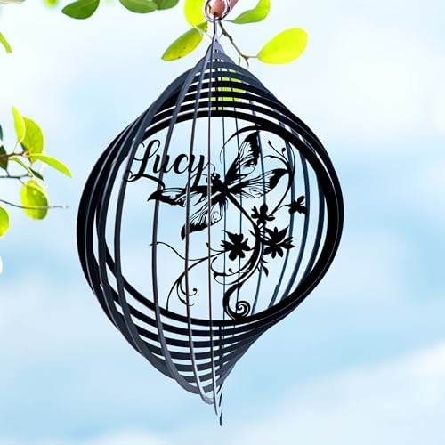 Personalized Wind Spinner Music Rose Custom Name Flower Metal Sublimation Ornament Twirler Laser 3D Art Patio Porch Lawn Indoor Outdoor Garden Yard Decor Housewarming Presents (Dragonfly) by Handmadetneonsign