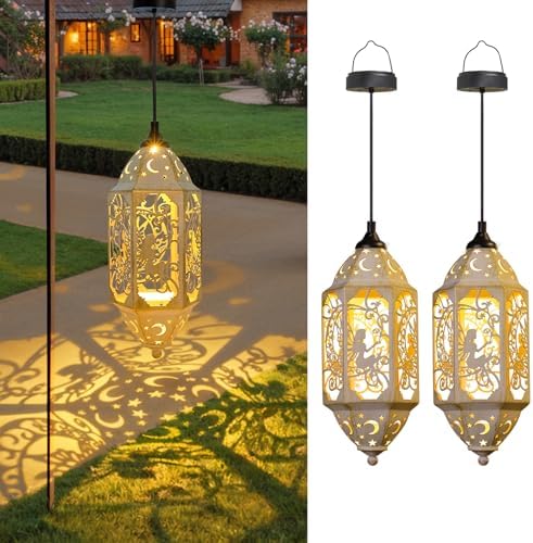 Big Outdoor Solar Lanterns Waterproof Garden Gifts for Women Mom Fairy Moon 12.4‘’ Metal Garden Lanterns Hanging Light for Patio Backyard Decorations, Mothers Day Birthday Gifts (Gold White,2Pack) by Go2garden