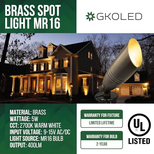 GKOLED UL Listed Solid Brass Landscape Spotlight, Low Voltage Outdoor Directional Uplight, with 5W MR16 LED Bulb & Large Rugged Slot Spike, 12V AC/DC Garden Patio Spot Up Light (Pack of 3) - Image 2