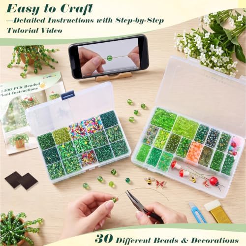 Ohanniewa 11300PCS 4 Pack Beaded Plant Kit with Fridge Magnets, DIY Hanging Plant Crafts with Video Tutorials, Handmade Gifts for Plant Lovers, Cute Desk & Refrigerator Decor - Image 5