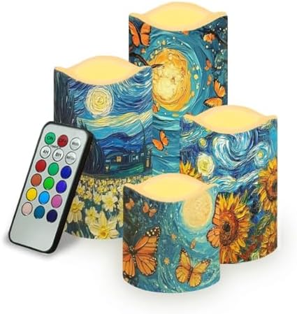 Starry Night Flameless Candle with Remote Control Electric LED Pillar Candle Timer Color Changing Long Lasting Pack of 4 Battery Candles by Uorisanigo