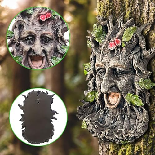 12" Real Tree Face Hugger Statue, Outdoor Garden Resin Bird Feeder Sculpture with Foliage Features, Fairy Elve Accent Yard Art, Halloween Trees Decorations Outdoor Wall Mounted Statue - Image 7
