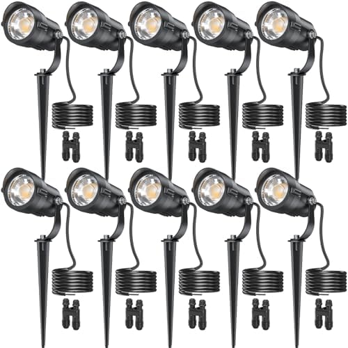 HIBOITEC 10 Pack Low Voltage Landscape Spotlights, 12W CRI90 COB 36° Outdoor Spot Lights, 2900K ETL Listed Waterproof Wired Tree Uplights for Yard, Flagpole, House, Garden, with 10 Pairs Connectors by HIBOITEC