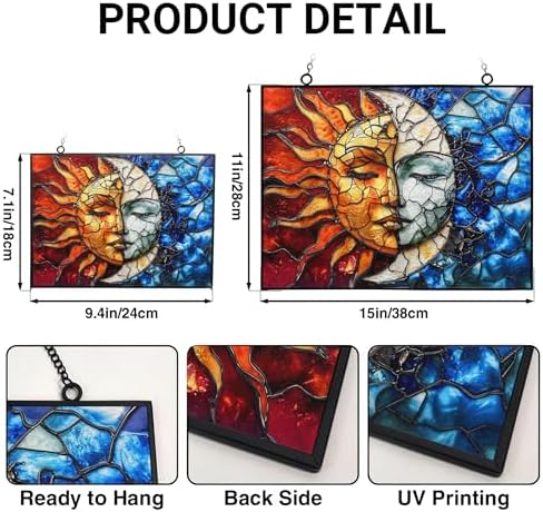 Rectangle Sun and Moon Suncatchers for Windows, Stained Glass Window Hangings,Hand-Painted Glass Panel Perfect for Home Décor - Image 3