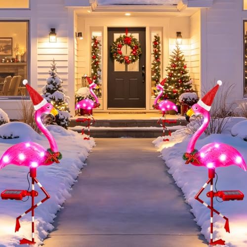 Solar Garden Lights Christmas Decorations 2 Packs Solar Flamingo Light Outdoor Waterproof,Birthday Xmas Gifts for Women Mom,Pink Flamingo Garden Statue Decorative Lights for Yard Art Patio Porch Lawn - Image 3