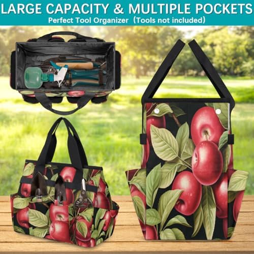 Apples Garden Tool Bag Organizer Heavy Duty Fruit Green Leaf Gardening Tote Bag with 10 Pockets for Women Men Gardening Gifts - Image 4