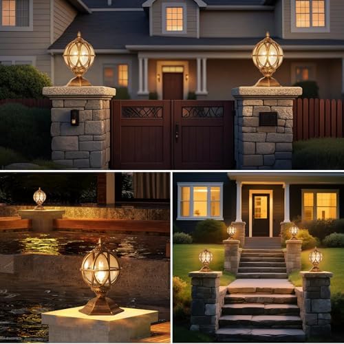 Outdoor Post Caps Lights Fixture Exterior Post Mount Column Lights IP55 Waterproof Pillar Lamps Fence Deck Caps Lanterns With Globe Amber Glass Landscape Lighting Yard Porch Gate Bollard Pedestal Lamp - Image 3