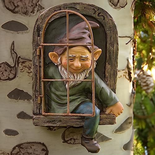 Teaeeno 12-inch Elf Out The Door Tree Hugger, Whimsical Old for Man Resin Statue with Foliage Features, Large Outdoor Tree Hugger for Yard Art, Trees Decorations Outdoor Wallmounted Statue - Image 6