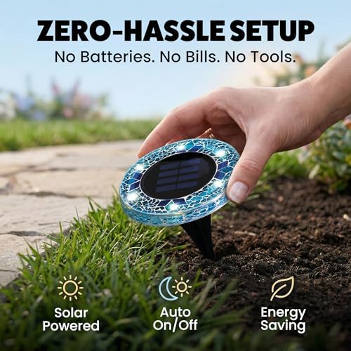 Bell+Howell 4 Pk Mosaic Solar Lights Outdoor LED Disk Pathway Lights, Blue - Image 3