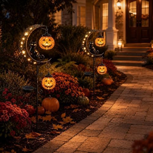 Solar Halloween Black Cat & Pumpkin Moon Garden Stake Light Halloween Decor - Image 4