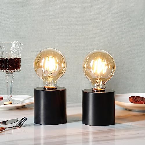 JHY DESIGN Set of 2 Black Metal Table Lamp Battery Powered 7" Tall Cordless Lamp Light with Edison Style Bulb Battery Operated Great for Living Room Bedroom Weddings Parties Indoors Outdoors - Image 3