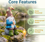 Solar Fishing Gnome Garden Decor Statue, Solar Powered Warm LED Lighted Gnome with Floral String Lights on Hat & Glowing Fish, Cute Outdoor Figurine for Patio Yard Pathway Lawn Decoration - Image 5
