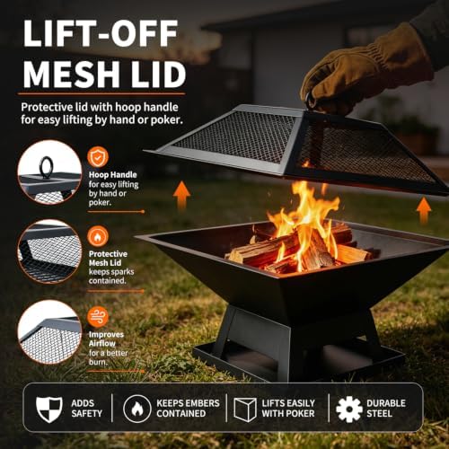 19.8" Square Outdoor Fire Pit Table with Fire Poker & Mesh Lid, Metal Wood Burning Stove, Brazier Patio Outside Heating for Backyard Log Burning Camping - Image 3