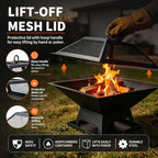 19.8" Square Outdoor Fire Pit Table with Fire Poker & Mesh Lid, Metal Wood Burning Stove, Brazier Patio Outside Heating for Backyard Log Burning Camping - Image 3