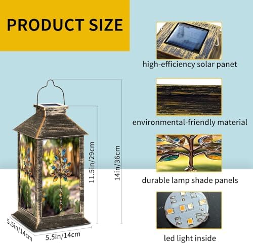 Solar Lantern Tree Stained Glass Brown Blue Clear Leaves Metal Outdoor Waterproof Garden Hanging Lantern Solar Powered Lighting Outside Table Lamp for Patio Deck Camping 1 Pack - Image 6