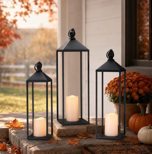Perfnique Decorative Lanterns for Indoor & Outdoor, Set of 3 Black Metal Lanterns (22" & 19" & 17") with LED Timer Flameless Candles, Farmhouse Modern Decor for Front Porch, Patio, Garden, Mantle - Image 3