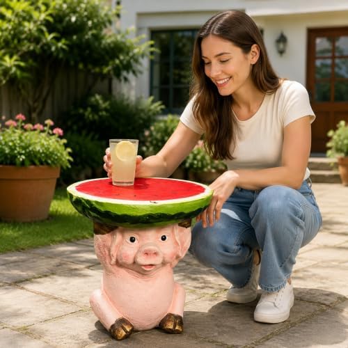 Cute Pig Side Table, Resin Watermelon End Table, 13.39" H Small Animal Accent, Multifunctional Plant Stand & Decorative Stool for Home, Patio, Garden & Living Room Deco - Image 2