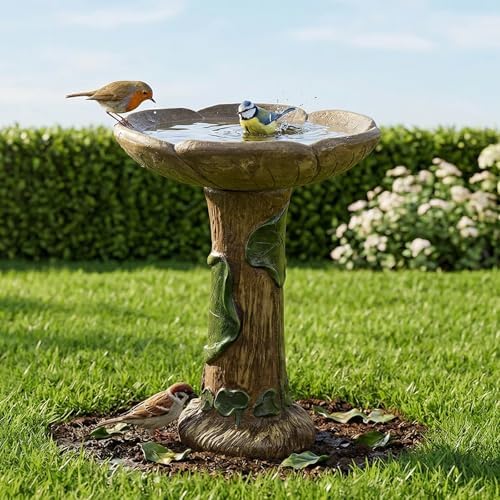 SunJet 24” High x 19” Diameter Outdoor Bird Bath with Tree Stump Leaf Design - Fibre Reinforced Concrete Birdbaths for Garden, Patio, Yard, Lawn Décor by SunJet