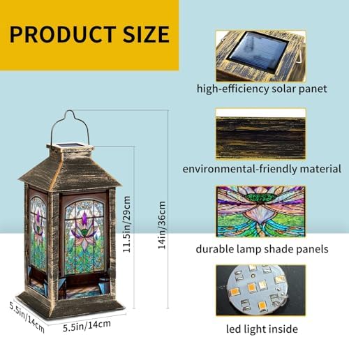 Solar Lantern Victorian Stained Glass Lotus Patterns Outdoor Waterproof Garden Hanging Lantern Solar Powered Lighting Outside Table Lamp for Patio Deck Camping 1 Pack - Image 6