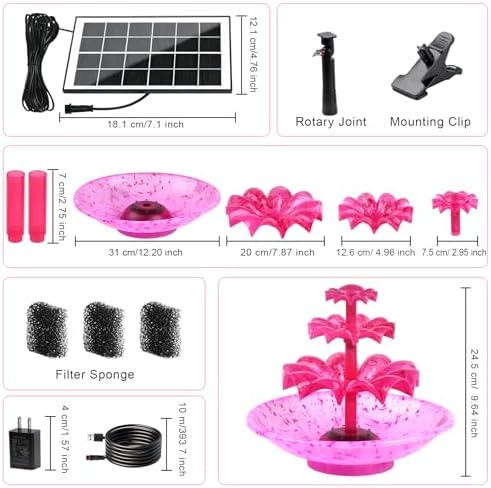 3.5W Solar Fountain Pump for Bird Bath, 3-Tier Red Solar Water Pump with 8 LED Lights, 32.8FT Power Cord and Adapter Included, Dual-Powered for 24/7 Use for Garden, Pond, Pool, Fish Tank and Lawn - Image 3