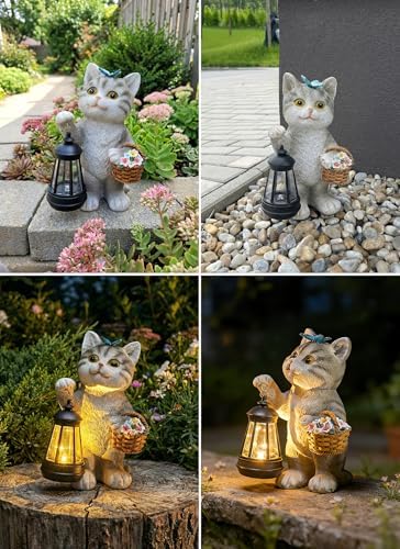 Brightown Solar Cat Garden Decor Statue with Solar Lantern Light, Hand-Painted Resin, IP65 Waterproof Outdoor Decor for Patio, Balcony & Yard Decorations, Unique Mothers Day Gifts for Mom Women - Image 2