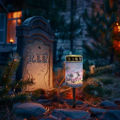Poceacles Solar Lights Outdoor Solar Powered Outdoor Cemetery Stake Candle Grave Lamp Landscape Lighting Waterproof Grave Flameless Candle, Palm Tree Beach Sunset Pattern Violet Blue, Pack of 2 - Image 2