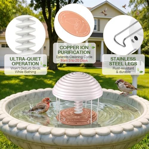 Bird Bath Water Agitator with 2 Round 99.99% Pure Copper Disk, Battery Powered Bird Bath Circulator, Quiet Waterproof Mover Keeps Water Fresh for All Season Use (Gray Spiral) - Image 7