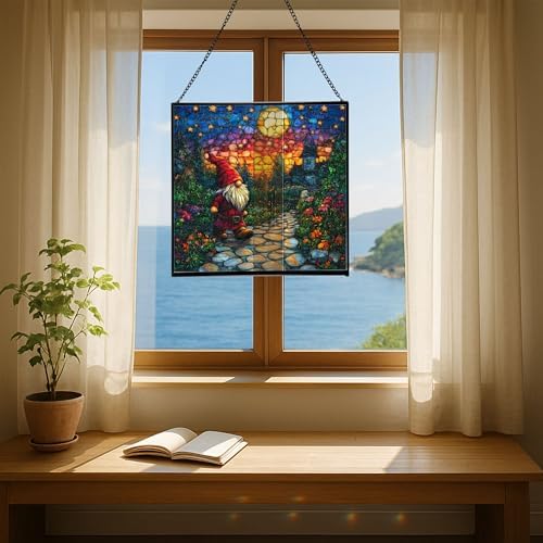 Twilight Garden Gnome Stroll Stained Glass Suncatcher – Square Hanging Window Panel for Home or Greenhouse – Whimsical Glass Art Gift for Garden Lovers, Christmas, Halloween, Father Days CvOKPY - Image 6