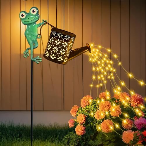 Solar Watering Can with Cascading Lights Outdoor Garden Decor, Frog Shaped Hook Gardening Gifts for Mom Women Grandma Birthday, Solar Lights for Garden Decorations Patio Yard Lawn Backyard by Hulonrua