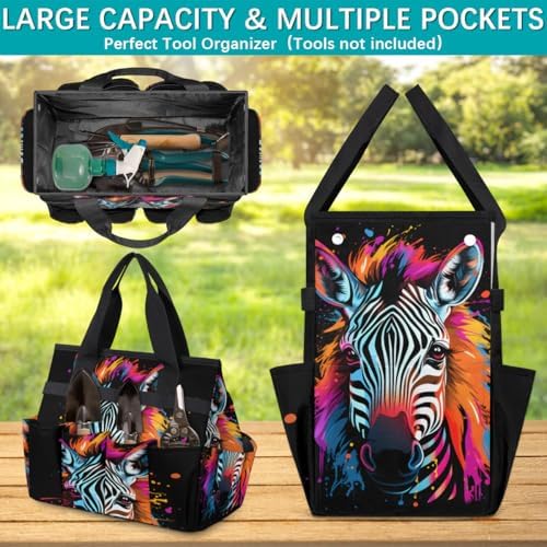 Doodle Zebra Garden Tool Bag Organizer Heavy Duty Zebra Print Gardening Tote Bag with 10 Pockets for Women Men Gardening Gifts - Image 5