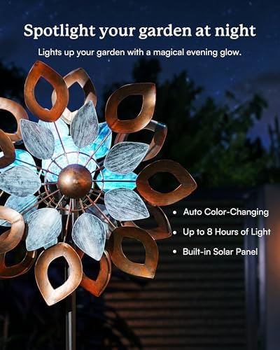 Copper Wind Spinners Outdoor 74 Inches with Solar LED Light, Kinetic Dual Wind Sculptures & Spinners for Yard Lawn Garden Decor, Large Metal Clearance Windmill with Bronze Leaf - Image 5