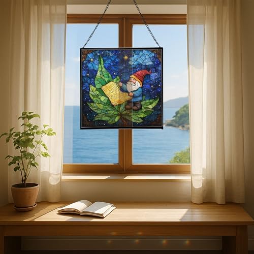 Gnome with Night Sky map Stained Glass Suncatcher – Square Hanging Window Panel for Home, Garden, Nursery, Halloween, Christmas, Memorial Day – Whimsical Glass Art Gift for Gnome Lovers cg43hu - Image 6
