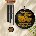 Personalized Motorcycle Memorial Wind Chime – “Riding with The Angels” Gold Cruiser with Wings and USA Flag – Custom Name & Years, Biker Remembrance Gift, Sympathy Decor for Loss of Loved One - Image 2