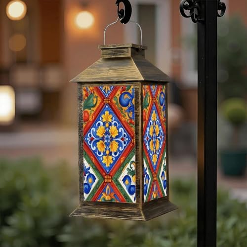 Solar Lantern Outdoor Waterproof Mexican Talavera Ceramic Tile Seamless Ethnic Folk Ornament Italian Garden Decor LED Hanging Solar Lights Tabletop Lamp Gifts for Women Mom Outside Yard Patio Porch by DERUINVAIO