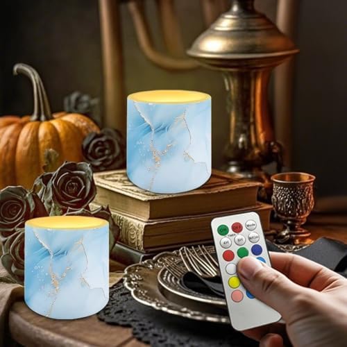 Set of 4 Blue Marble Flameless Candles with Timer Battery Operated Candles with Remote LED Pillar Tea Lights for Indoor Outdoor Patio Porch Wedding Home Decorations - Image 3